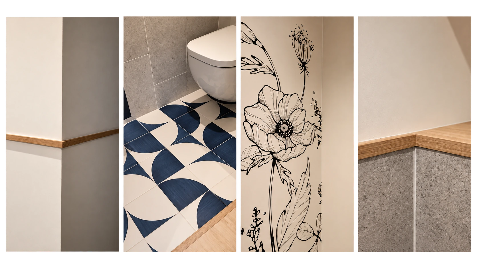 Les Vergers — Détails : soubassement, carrelage, papier peint, finitions